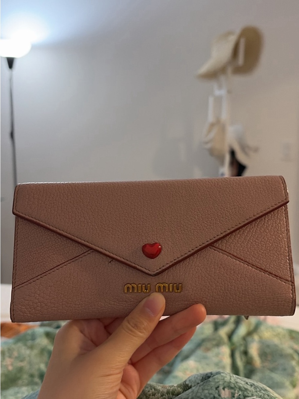Miu Miu Blush Pink Textured Leather Envelope Wallet with Red Heart